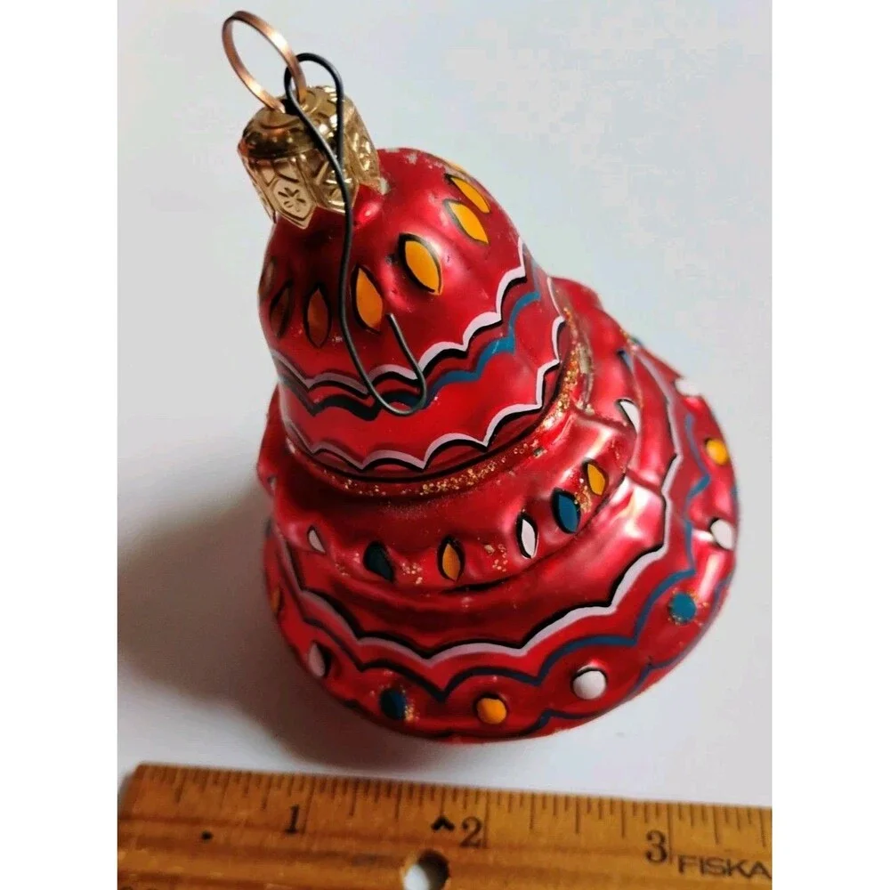Vintage Poland Glass Christmas Ornament Red Tiered Cake Pagoda Bell Hand Painted